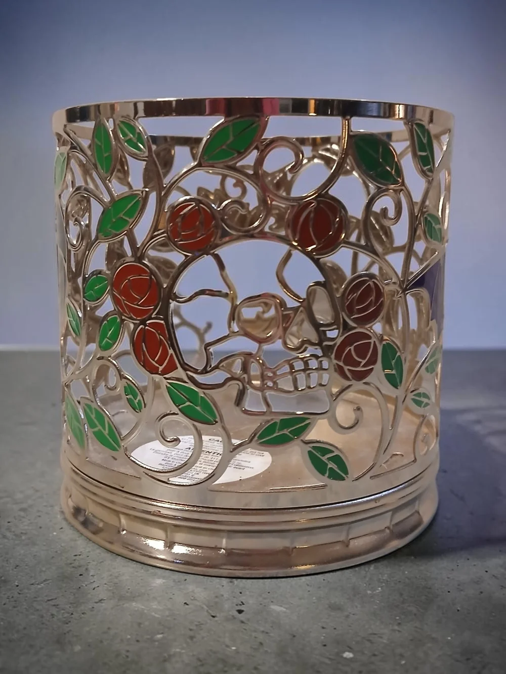 Decorative Skull & Rose Candle Holder - Gold with Green and Red Accents